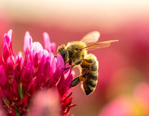 Honeybee on Pink Flower Closeup.