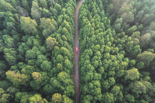 Top-down drone view of cyclist on forest trail, surrounded by tall symmetrical pines. Represents sustainable transport, forest exploration and balance with nature.