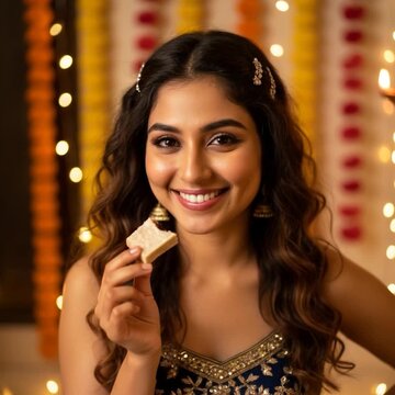 Smiling Indian Woman in Festive Blouse Eating Kaju Katli Sweet During Diwali Festival Celebration with Lights and Floral Decor