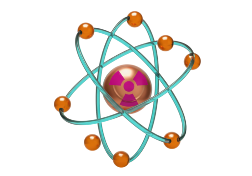 Radioactive atom model isolated on transparent background, atomic energy concept in 3D rendering PNG - Powered by Adobe