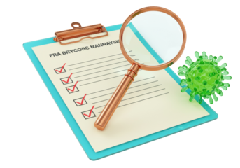 Green virus isolated on clipboard with checklist and magnifying glass, medical analysis concept for healthcare and scientific research