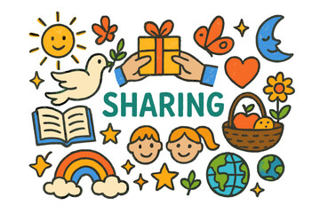 Fototapeta premium Joyful Sharing Symbols. Sharing. Colorful Hand-drawn doodle Children illustration Sharing gift, hands, heart, smiling faces, flower, fruit basket, rainbow,