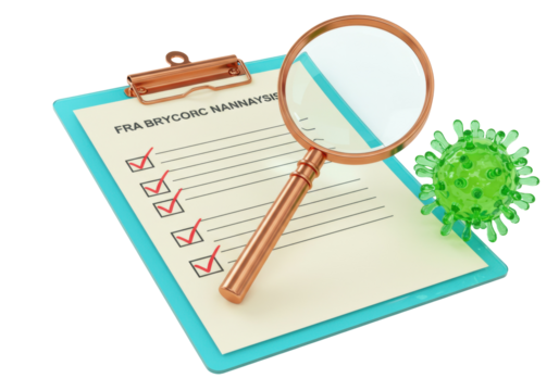 Green virus isolated on clipboard with checklist and magnifying glass, medical analysis concept for healthcare and scientific research