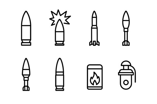 Anti-Armor Munitions Icons. Outline icon set of anti-armor munitions: armor-piercing shell, high-explosive round, guided missile, rocket-propelled grenade,