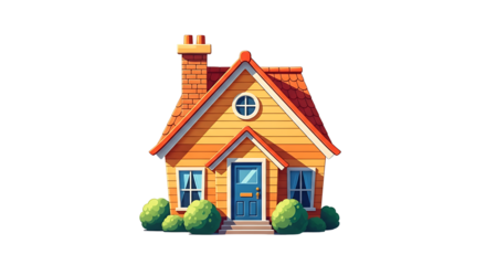 Charming cartoon cottage with blue door isolated on transparent background