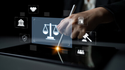 Legal compliance and governance concept showing justice scale, courthouse, contract, policy,...