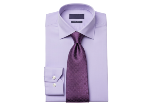 Folded light purple dress shirt with a patterned purple tie isolated on a clean background, formal wear for business or special occasions