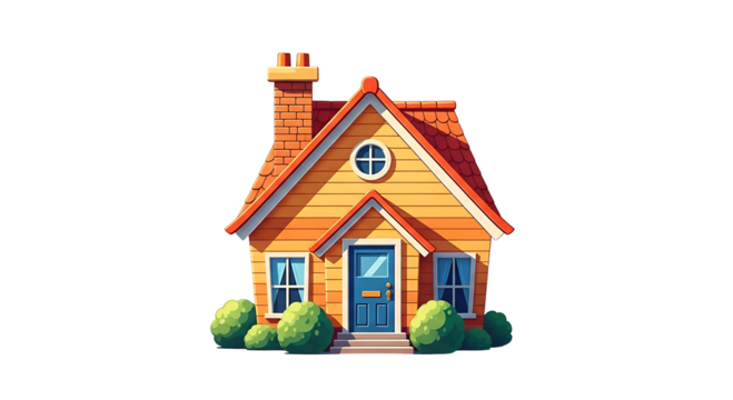 Charming cartoon cottage with blue door isolated on transparent background