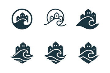 Coastal Town Logo Variations. Coastal town. Set Logo of coastal town: wave crest. harmonious logo variations of the same emblematic concept, each