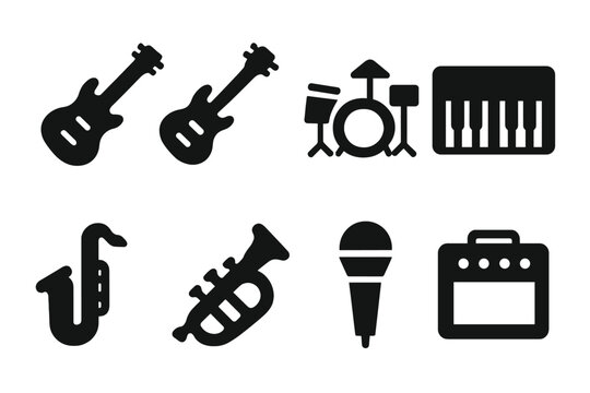 Jam Session Icons. Solid, filled icon set of jam session instruments: electric guitar, bass guitar, drum set, keyboard, saxophone, trumpet, microphone,