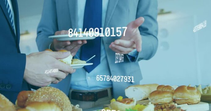 At start two business associates gesturing with plates while data codes drifting visualizing data