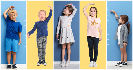 Obraz premium Cute children measuring their heights near blue wall and yellow background, collage of portraits