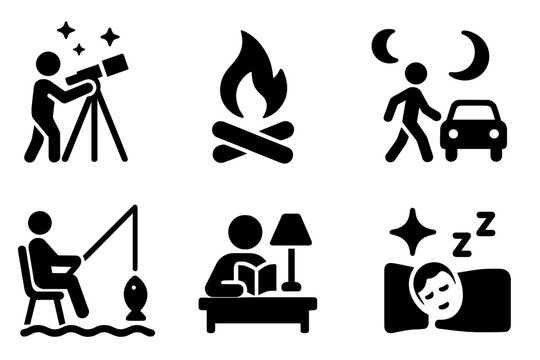 Night Activities Icons. Solid, filled icon set of night activities: stargazing, campfire, moonlit walk, night driving, night fishing, reading by lamp, night