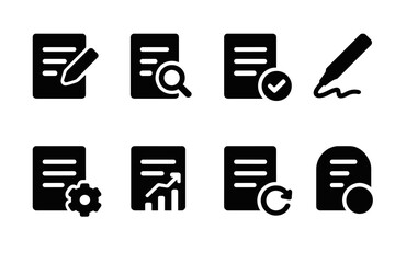 Contract Workflow Icons. Solid, filled icon set of contract workflow: draft, review, approval, signing, execution, monitoring, renewal, closure. Solid, filled