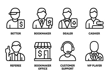 Wager Icons Outline. Outline icon set of wager participants: bettor, bookmaker, dealer, cashier, referee, bookmaker office, customer support, VIP player. Line