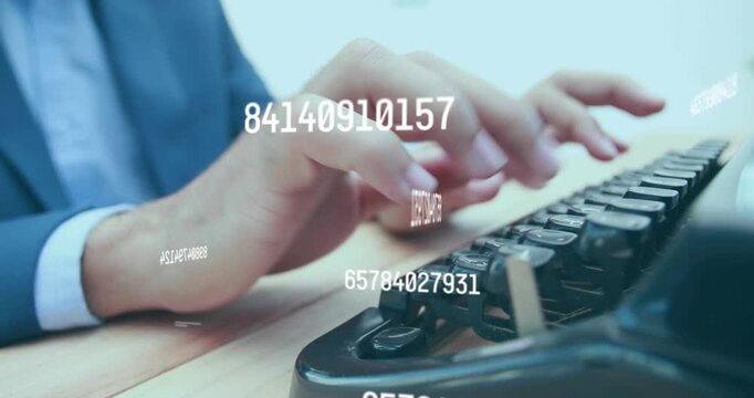 Man's hands typing on keyboard, generating shifting alphanumeric overlays for tech data entry