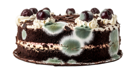 A close-up shot of a moldy black forest cake with cherries and cream.