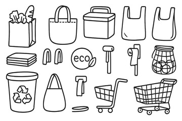 Grocery Bag Icons. Grocery Store Bags. Hand-drawn doodle illustration paper grocery bag, reusable cloth tote, insulated cooler bag, plastic bag, mesh produce