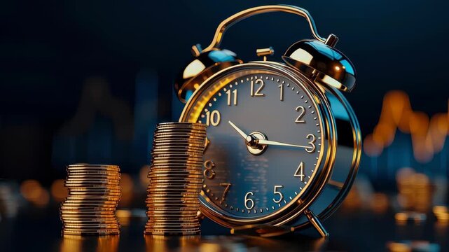 Vintage alarm clock gold coin finance investment savings time management wealth money deadline growth golden alarm clock coin stack finance concept
