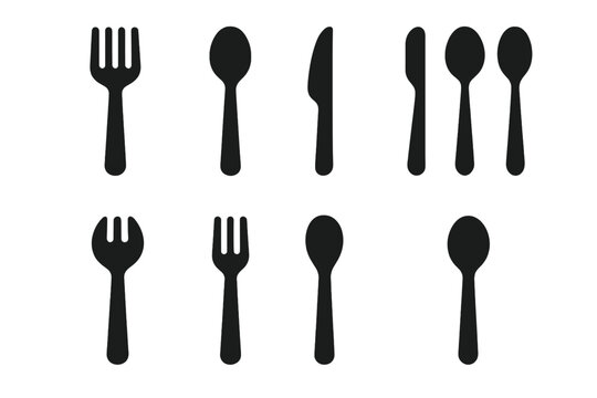 Silverware Icon Grid. Solid, filled icon set of silverware materials: stainless steel fork, plastic spoon, wooden knife, gold-plated set, titanium spork,