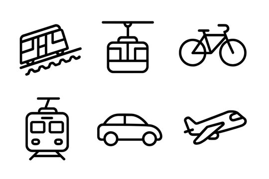 Swiss & Austrian Icons. Outline icon set of Swiss transportation: cogwheel train, cable car, bicycle, ferry, tram, car, airplane, bus. Line icons in only black