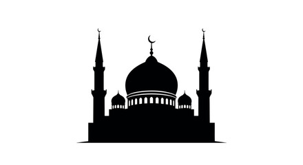 Black Silhouette of a Mosque with Domes and Minarets on a White Background islam islamic