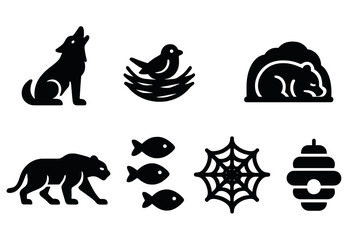 Obraz premium Animal Instinct Icon Set. Solid, filled icon set of animal instincts: wolf howling, bird nesting, bear hibernating, rabbit hiding, lion stalking,
