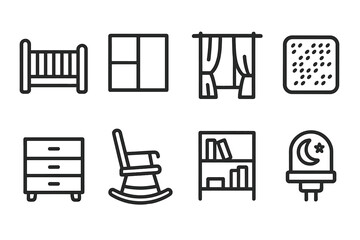 Nursery Outline Icons. Outline icon set of crib placement: nursery room, window, curtain, floor mat, dresser, rocking chair, bookshelf, night light. Line icons