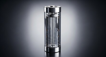 A sleek modern transparent glass water bottle with a stainless steel cap and base showcasing a refreshing clear liquid with small ice cubes inside presented against a dark subtly lit background