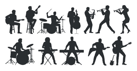 Musicians Silhouettes Performing Musical Instruments Group Black Vector