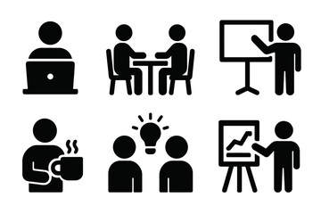 Fototapeta premium Employee Activity Icons. Solid, filled icon set of employee activities: working on laptop, meeting, presentation, coffee break, brainstorming, training,