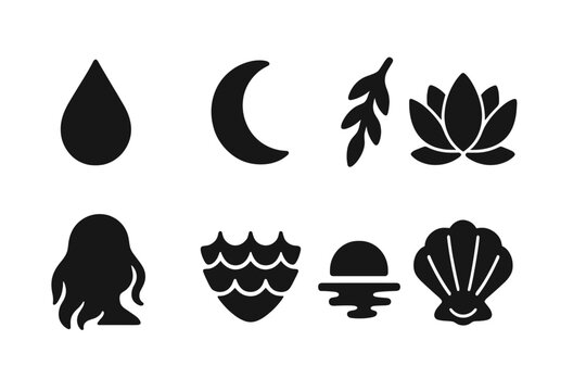 Rusalka Symbol Icons. Solid, filled icon set of rusalka symbols: water droplet, crescent moon, willow branch, lotus flower, flowing hair, fish scale, moonlight