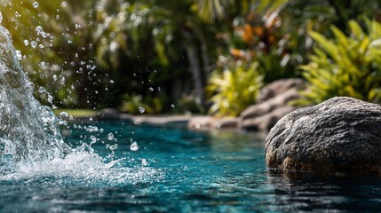 Refreshing pool with waterfall & lush greenery, tropical vibe. Splashing water, rock