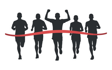 Finishing Line Runner Silhouettes Reaching Tape Isolated on White Background