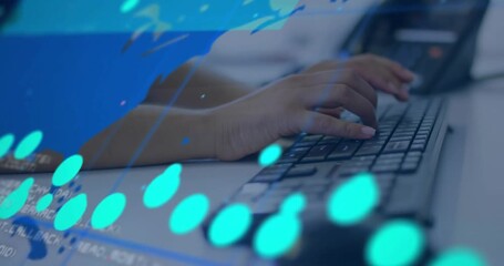 Data analyst tapping keys at desk, visualizing overlay with world map metrics merging for analysis - Powered by Adobe