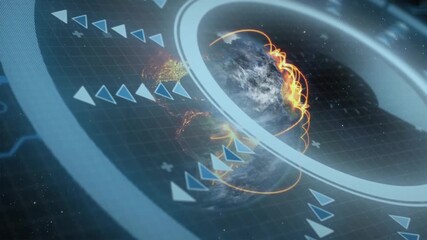 Ring rotating into view causing globe emerging showing arcs representing data flow over grid arrows - Powered by Adobe