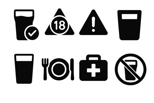 Safety and Moderation Icons. Solid, filled icon set of pint safety and moderation: drink responsibly sign, age restriction, warning sign, water glass, food