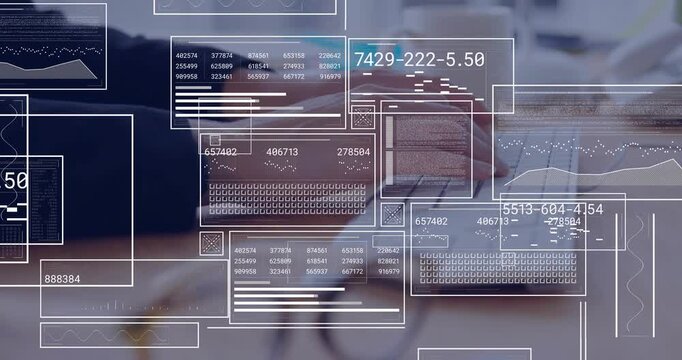 Woman's hands pressing keyboard keys and activating floating numeric panels for live tech analysis