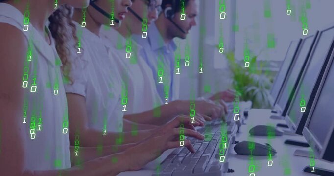 Customer support agents typing, speaking, system initializing green code rain visualizing call data