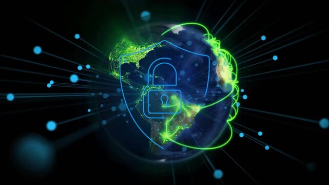 Rotating globe, nodes forming arcs, security shield and lock activating, beam linking Americas-Asia