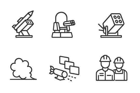 Aircraft Carrier Defense Icons. Outline icon set of aircraft carrier defense systems: missile launcher, CIWS gun, electronic warfare pod, chaff dispenser,