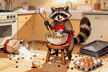 Cartoon raccoon wearing a red apron happily baking cookies in a messy kitchen, stirring dough in a large bowl with flour, eggs, and chocolate chips scattered around