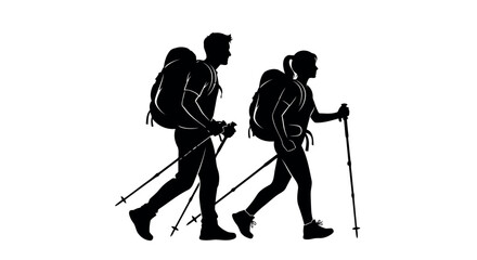 Obraz premium Male and female hikers with backpacks and trekking poles walking on white background hiking backpackers