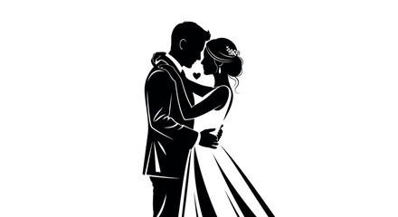 Silhouette of a bride and groom embracing with a heart detail on a white background wedding couple