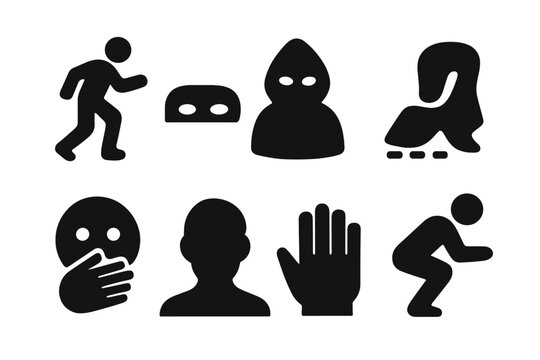 Stealth Action Icons. Solid, filled icon set of stealthy actions: tiptoe figure, hidden face, cloak figure, silent footsteps, hand over mouth, shadow