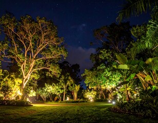 Nighttime Garden Illumination with Tropical Plants.