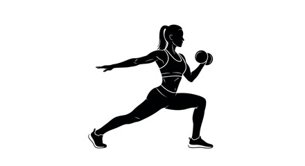 Silhouette of a fit woman performing a lunge with a dumbbell on a white background fitness exercise