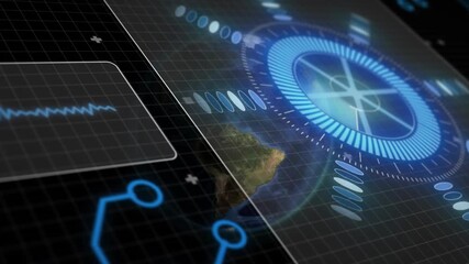 Grid starting waveform panel UI focusing and turning globe rotating HUD rings pulsing visualization - Powered by Adobe