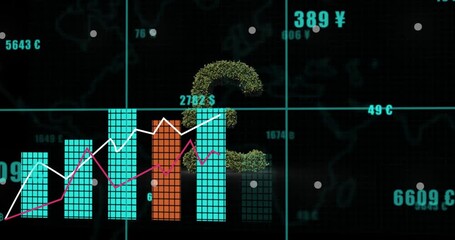 On start rotating leafy pound symbol updating values bars growing, visualizing currency trends - Powered by Adobe