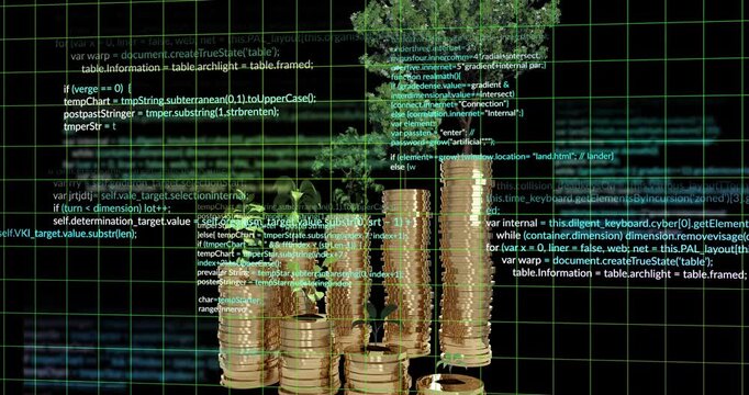Teal code scrolling in overlaying coin stacks topped by plants fading off revealing data growth